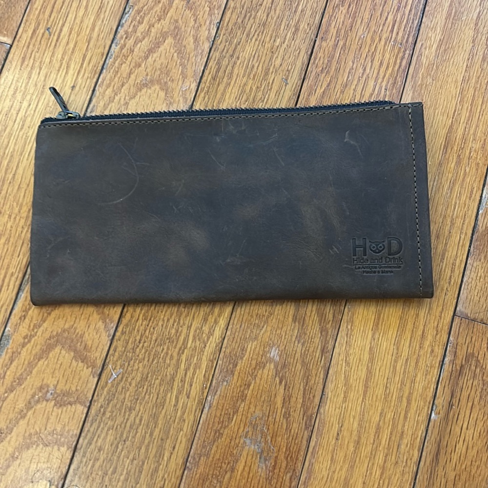 Hide and drink chocolate brown suede wallet
